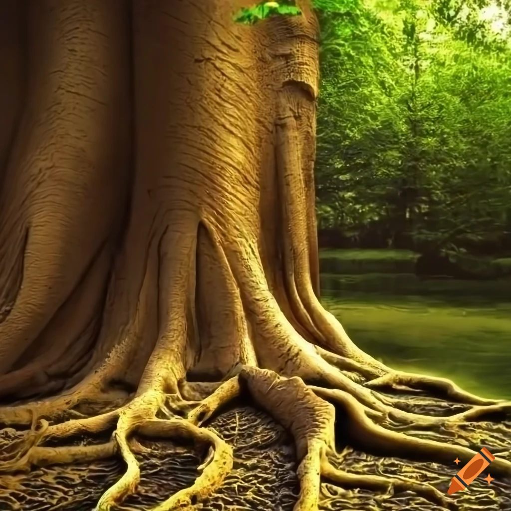 Detailed and textured roots of a giant tree on Craiyon
