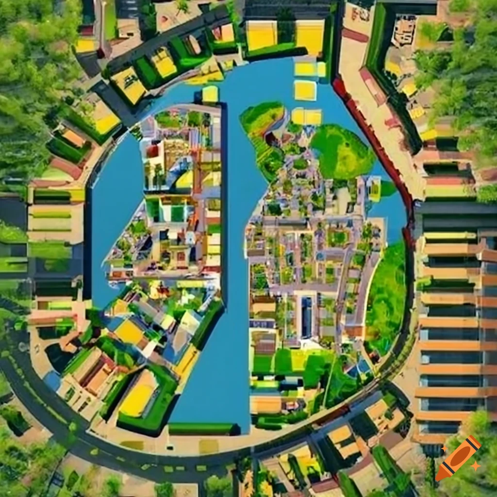 Mixed-use urban design plan featuring residential, commercial, and public spaces with historic architectural elements