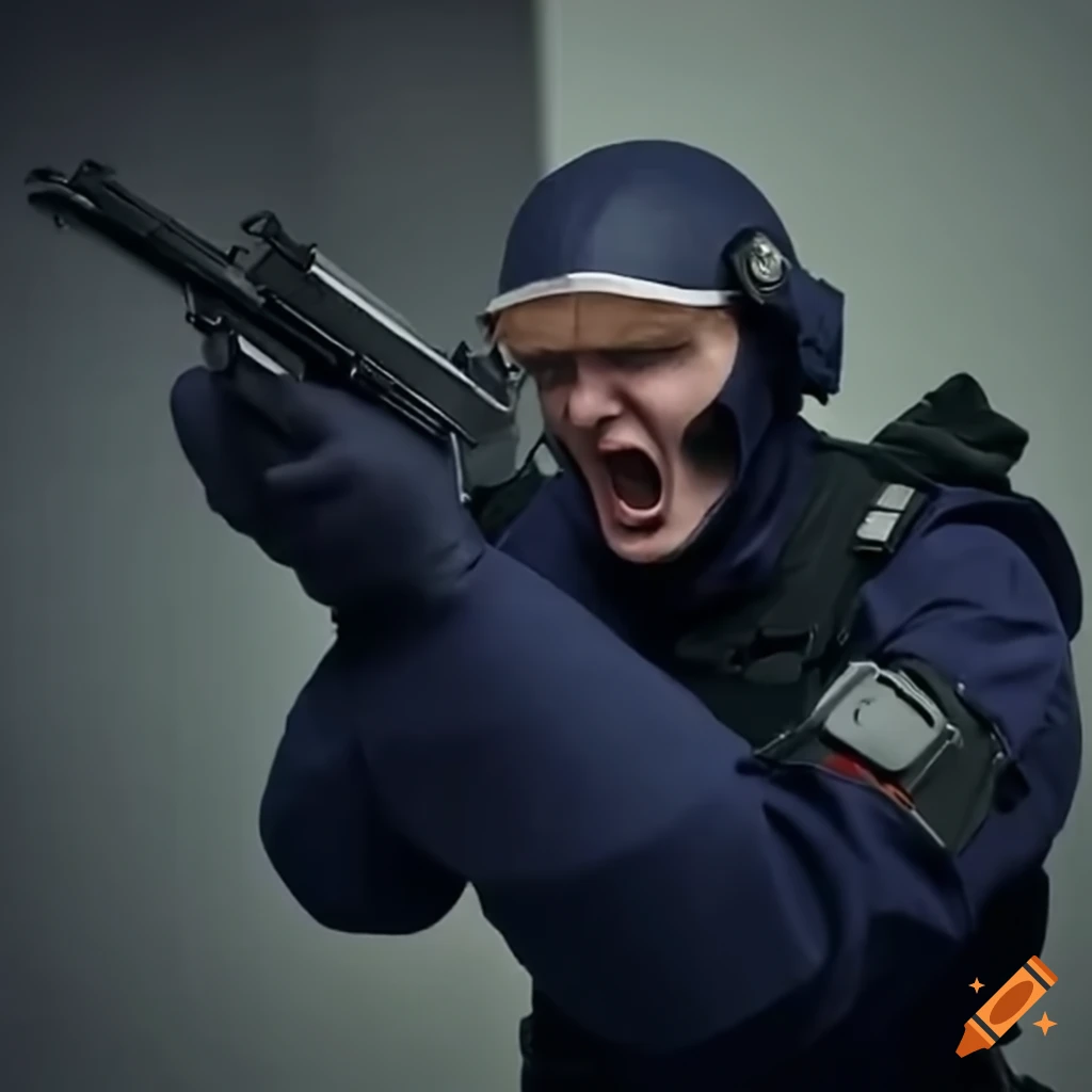European policeman screaming and firing a gun