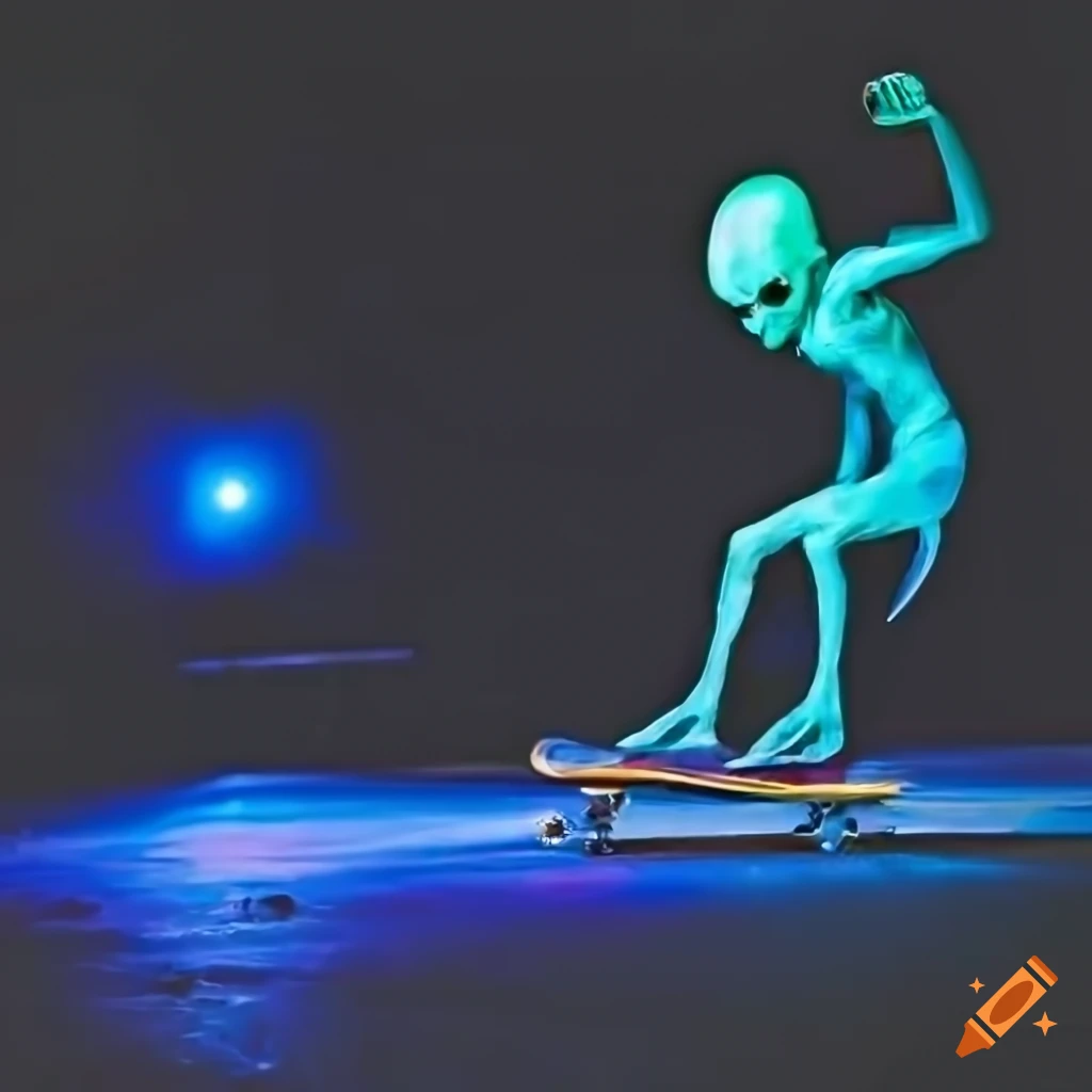 Glowing fluorescent ghost alien skateboarding in a city street at night