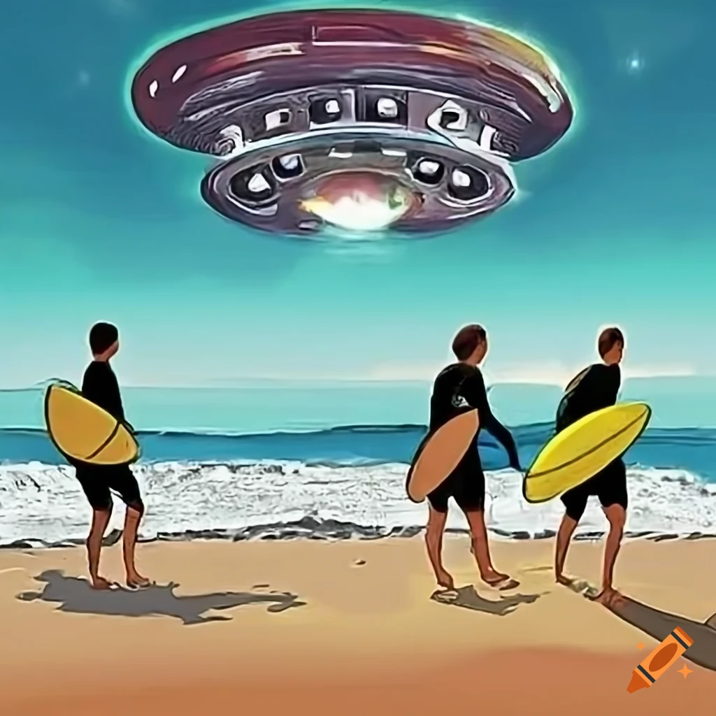 Surfers on beach with UFO