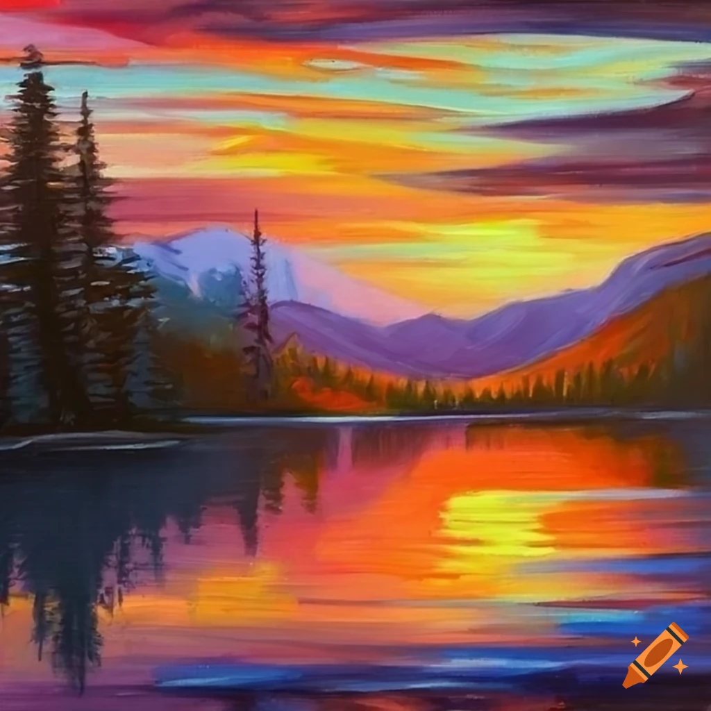 Oil painting of a lake at warm sunset with hills and evergreen trees on ...