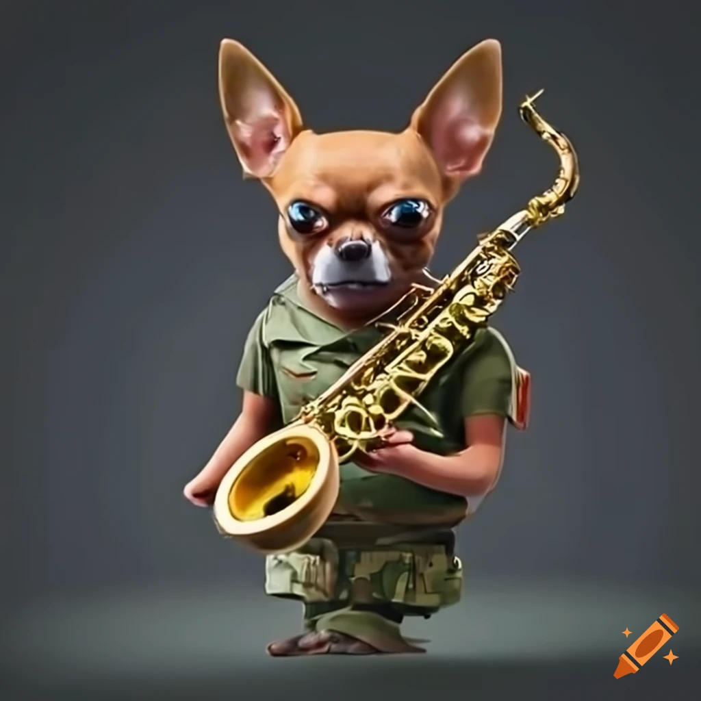 Angry chihuahua soldier playing saxophone