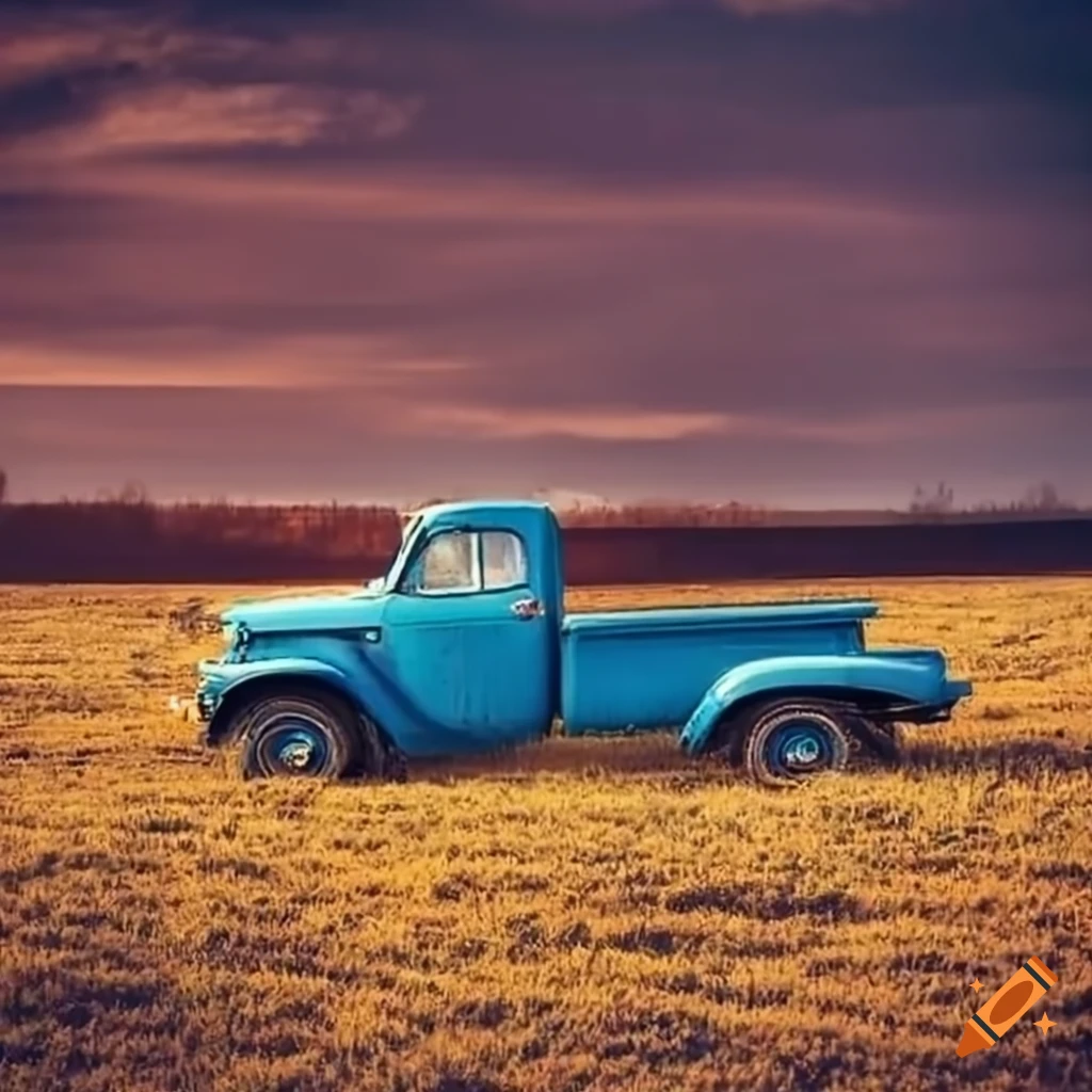 Side view of vintage blue truck in field with red barn