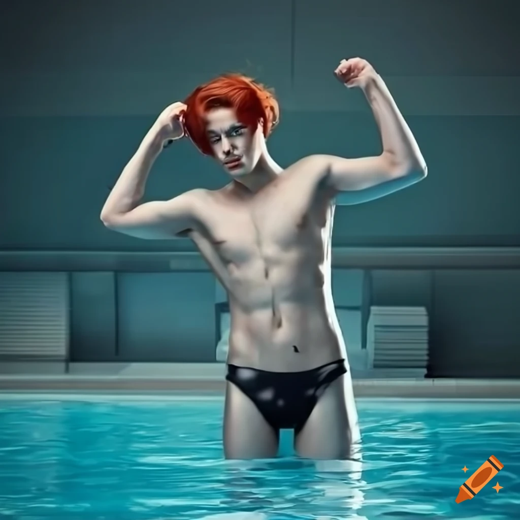 Male futuristic college student in silver swimsuit at academy pool