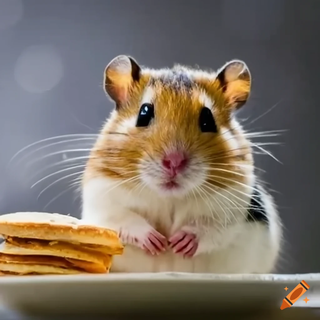 Hamster holding a plate with pancakes