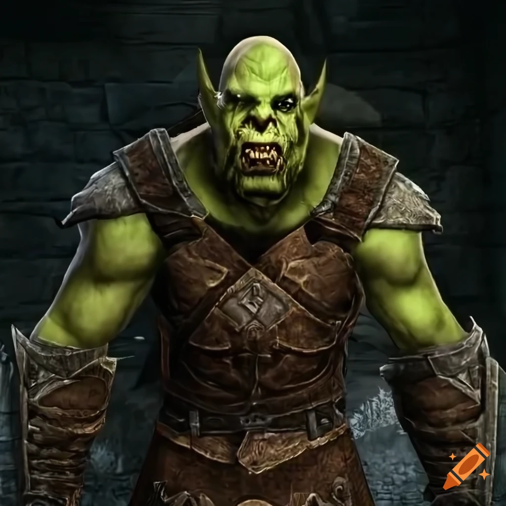 Proud Skyrim orc forging metal armor in a blacksmith's shop