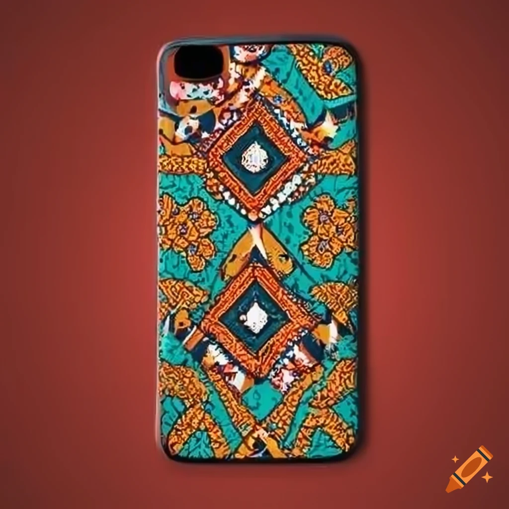 Geometric phone wallpaper inspired by traditional African fabrics, displayed in a phone mockup and being held by a person's hand