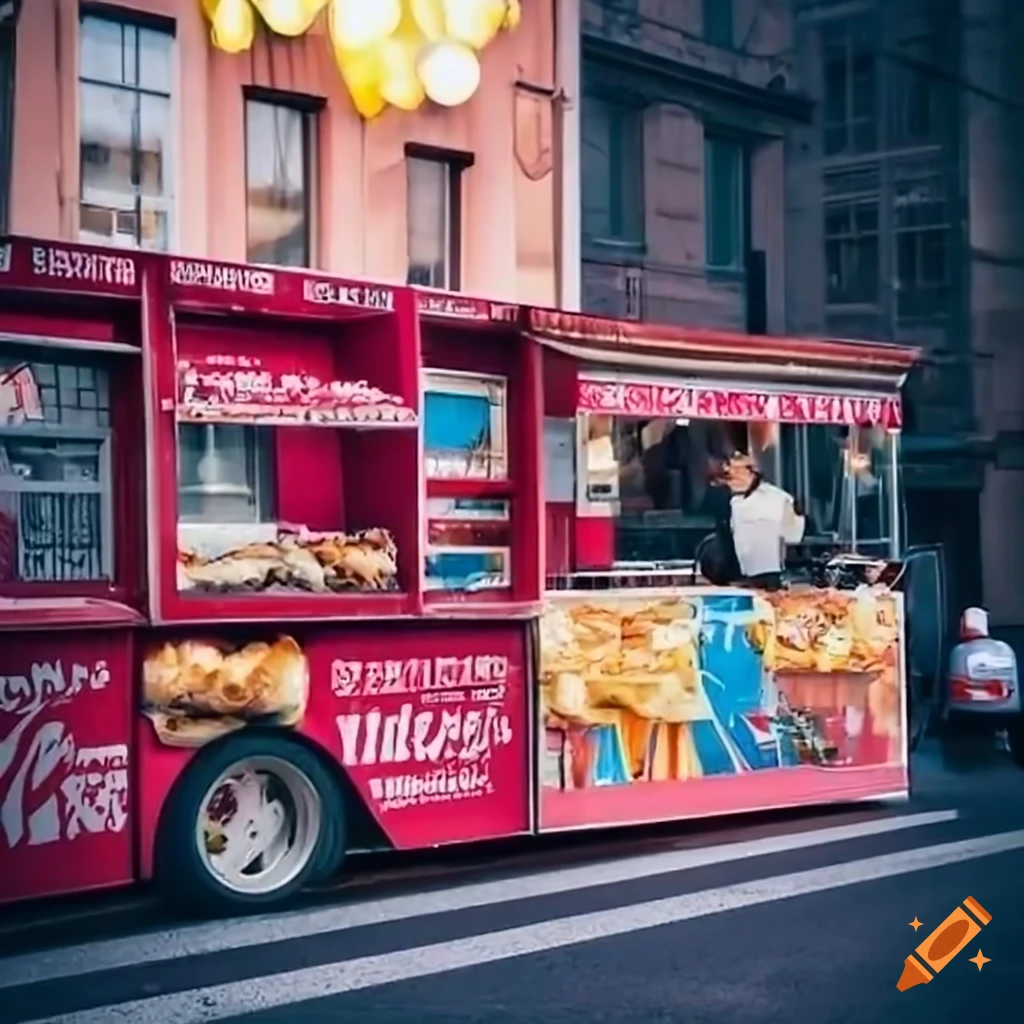 American deluxe food truck selling burgers and fries on city street
