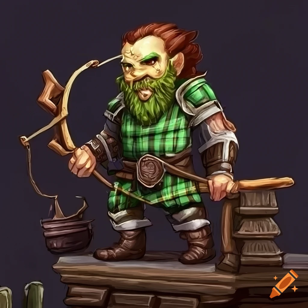 Detailed character art of a slim dwarf ranger on a tavern rooftop with a shortbow