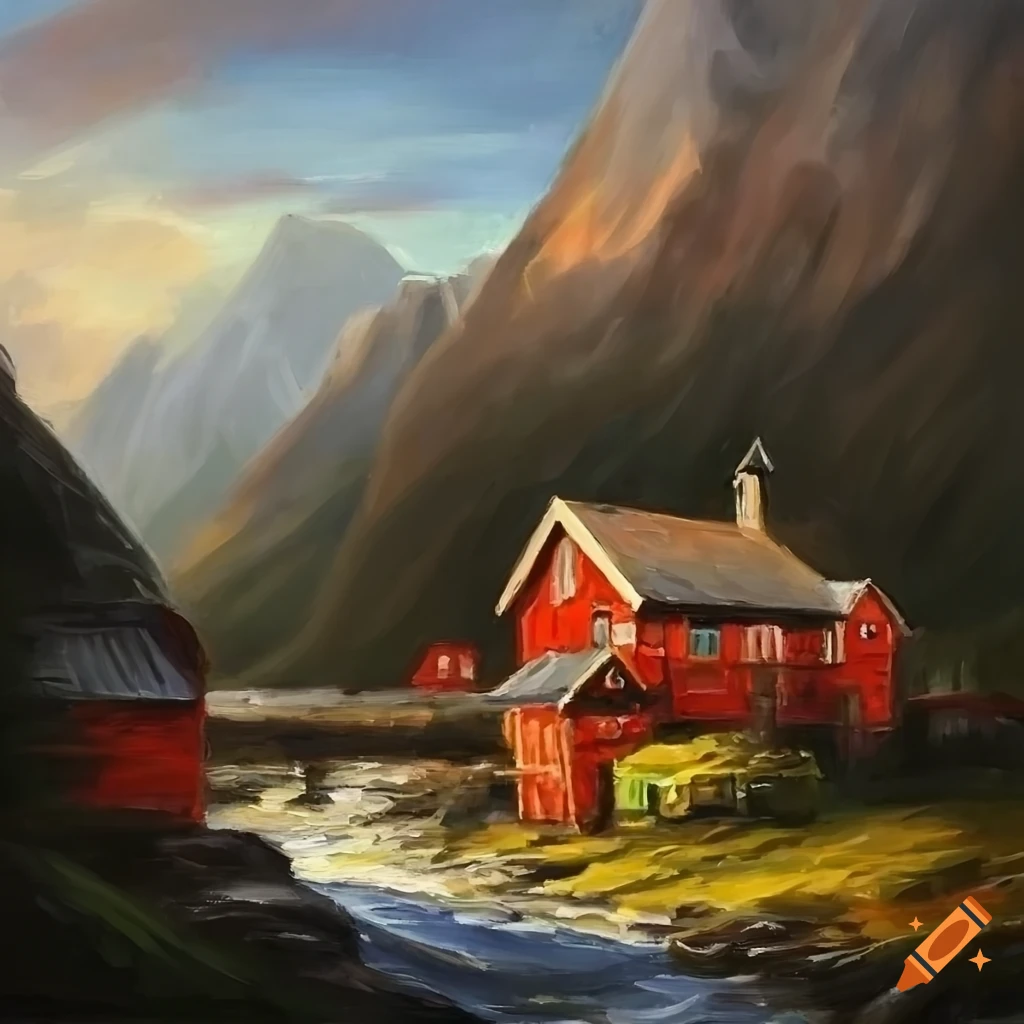 Remote village of Norway in steampunk style depicted in an oil painting ...