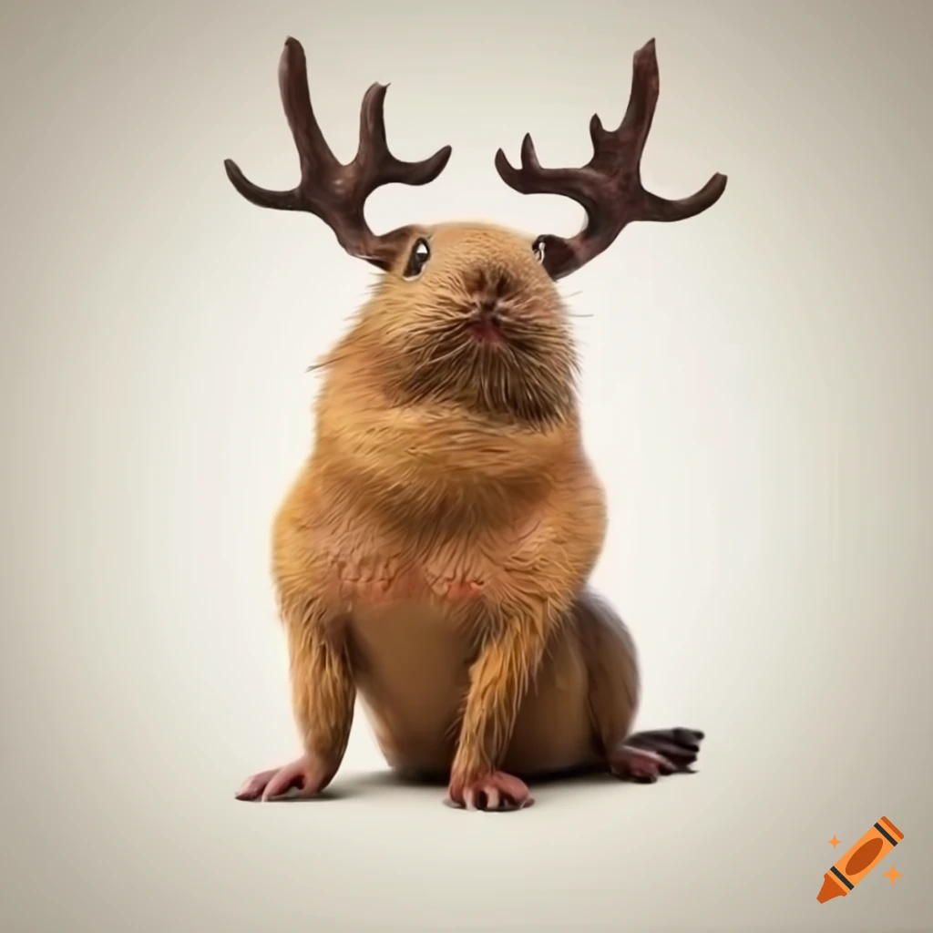 Mythical guinea pig with antlers sitting on a white bookshelf on Craiyon