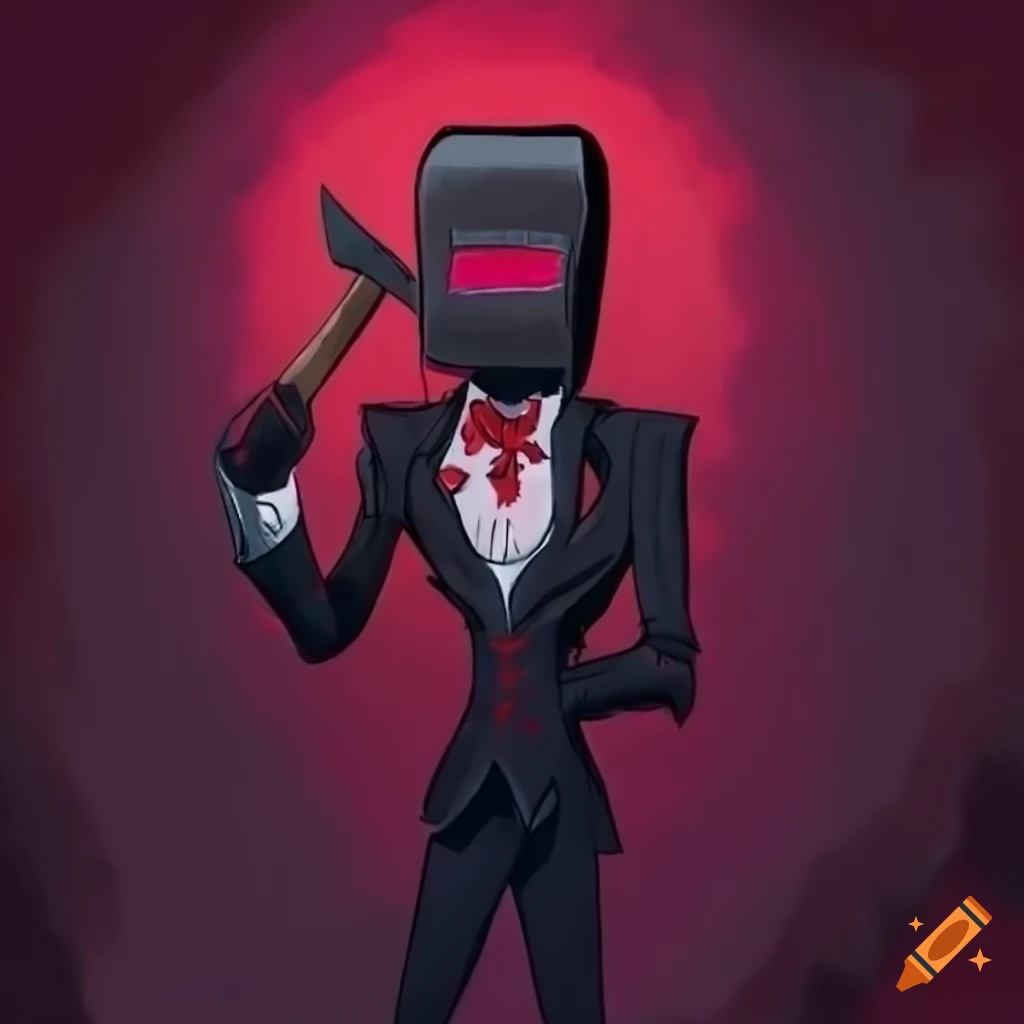 Tall broad man with red skin, welding mask, and machete in Hazbin Hotel art style