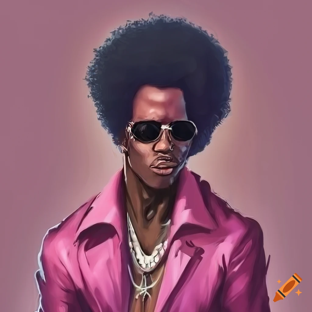 Tall african american man in a pink disco jumpsuit with a big afro and