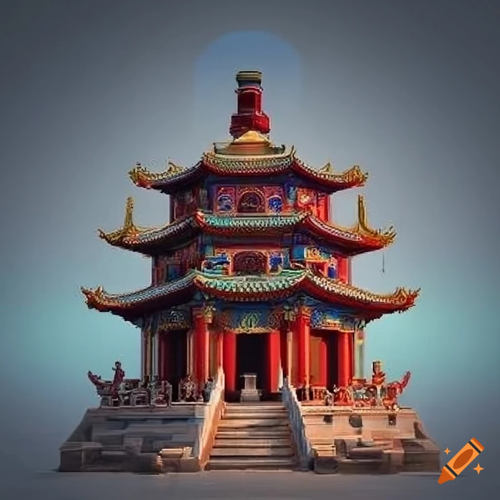 Three-layer temple with a big entrance, emperor at the top, red and yellow colors