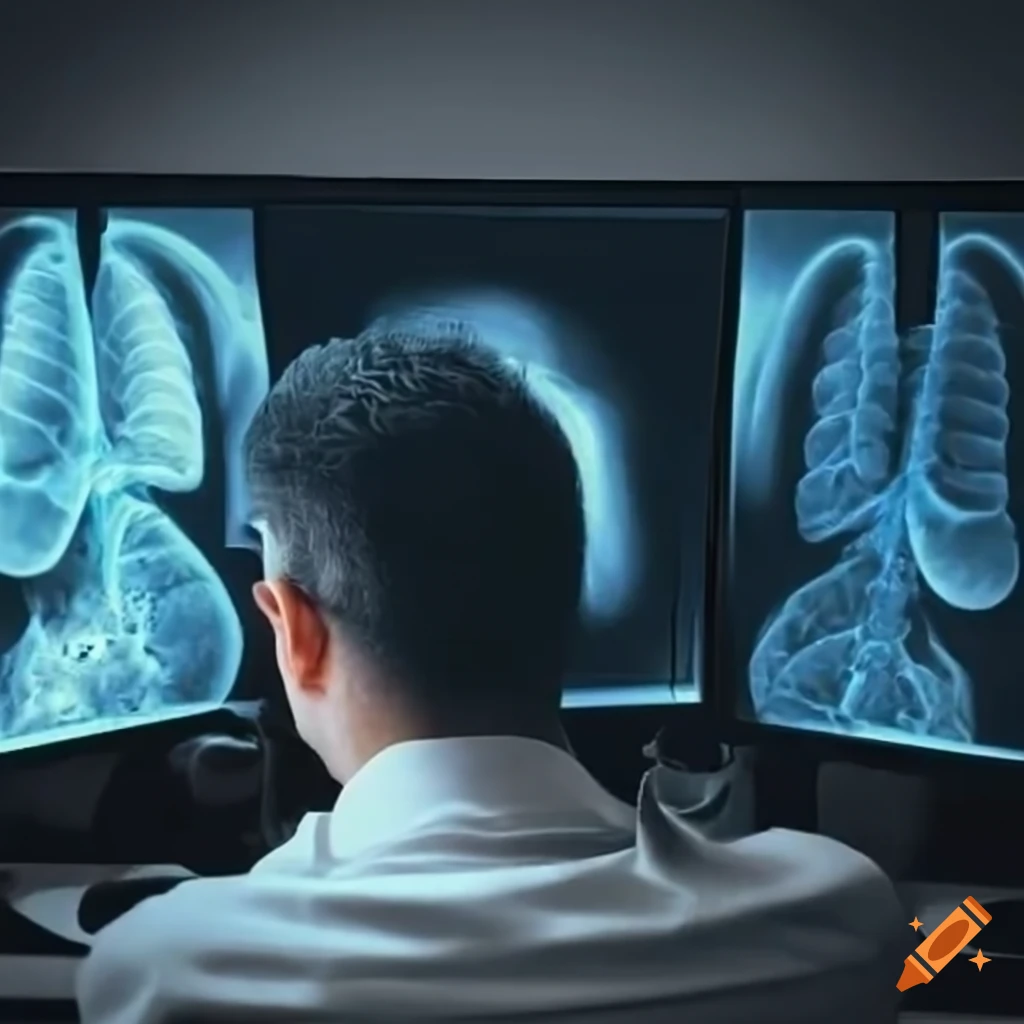 Radiologist working on computer with lung scan image displayed