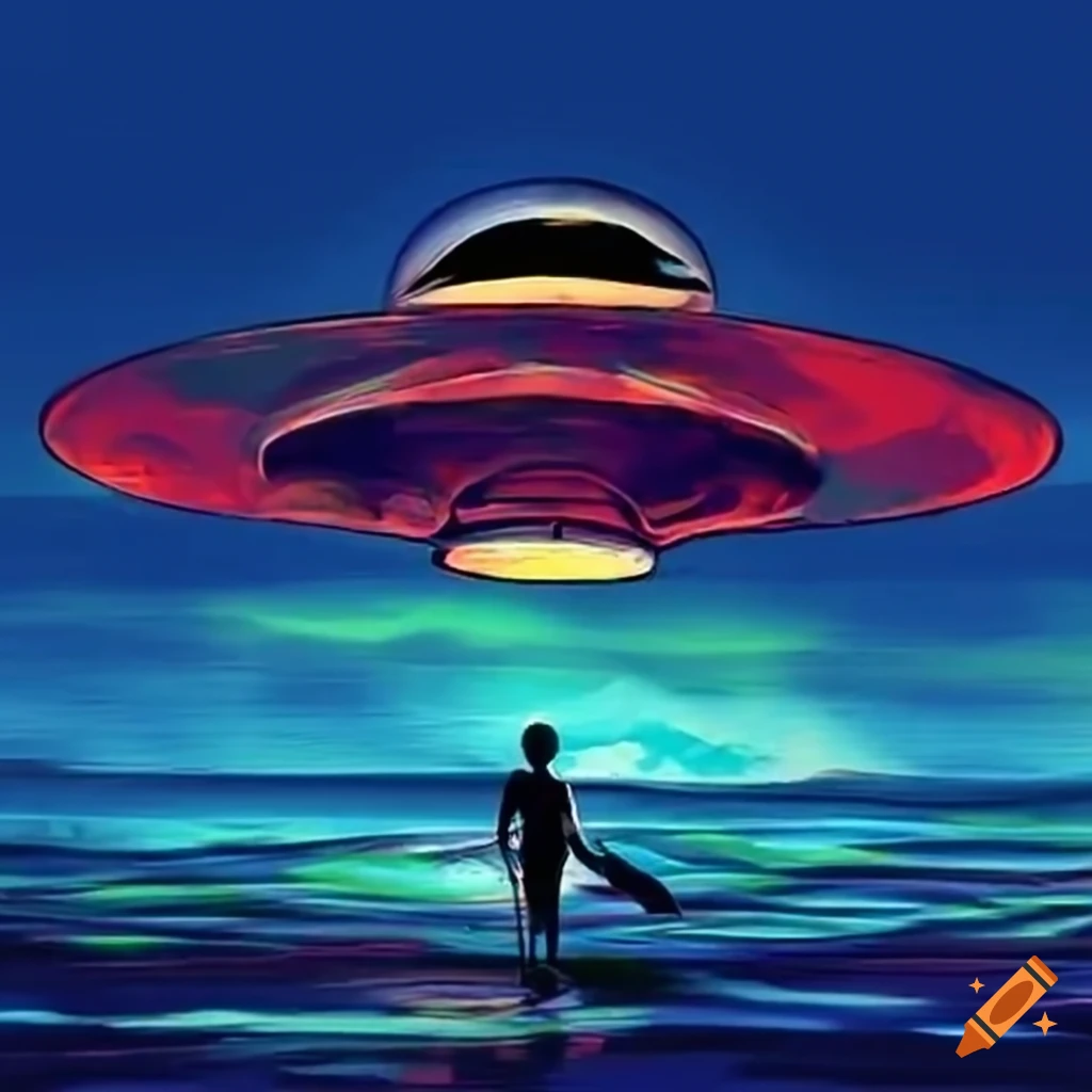 Surfers on beach with UFO