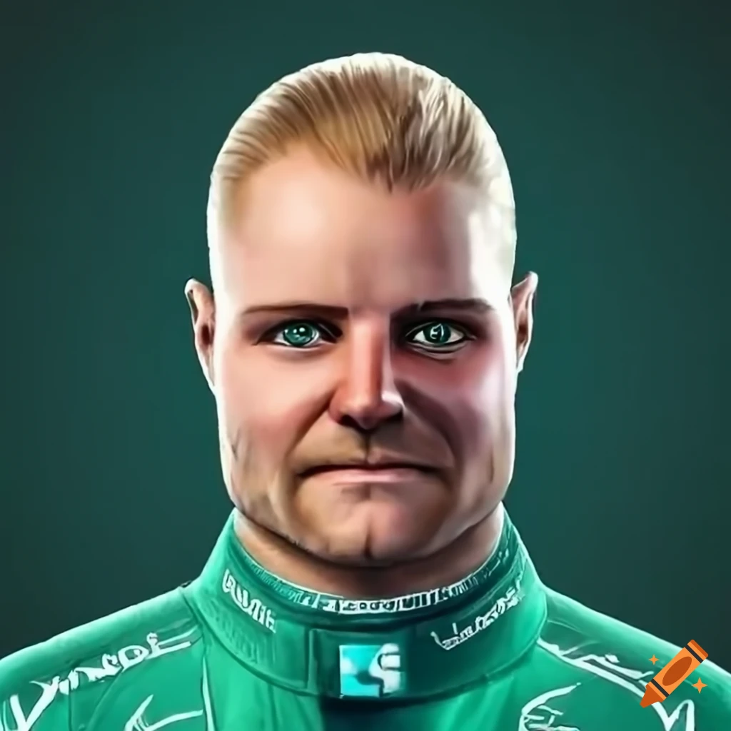 Valtteri bottas portrait in green stake f1 team racing suit on Craiyon
