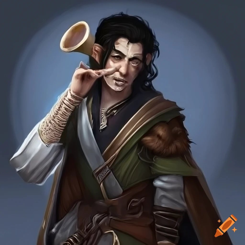Happy half-elf male with greyskin playing a horn in a fantasy setting