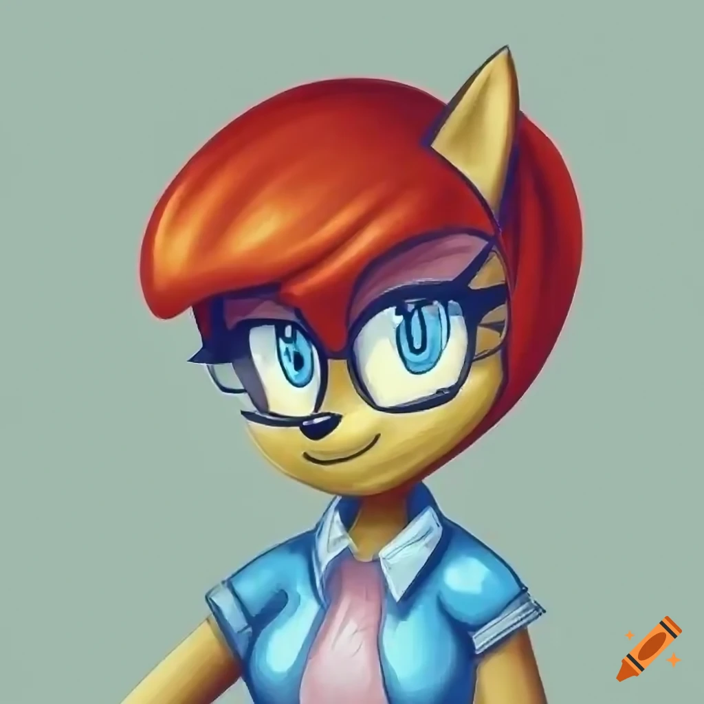 Sally Acorn with short black hair, pink shirt, and glasses, arms crossed