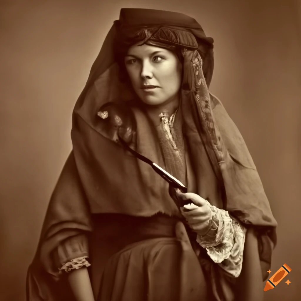 Sepia-toned photograph of a fierce mountain woman with various descriptions