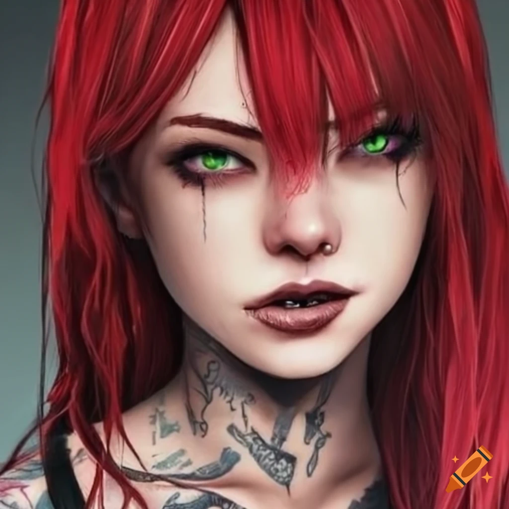 Edgy woman with green eyes, red and black hair, tattoos, and piercings