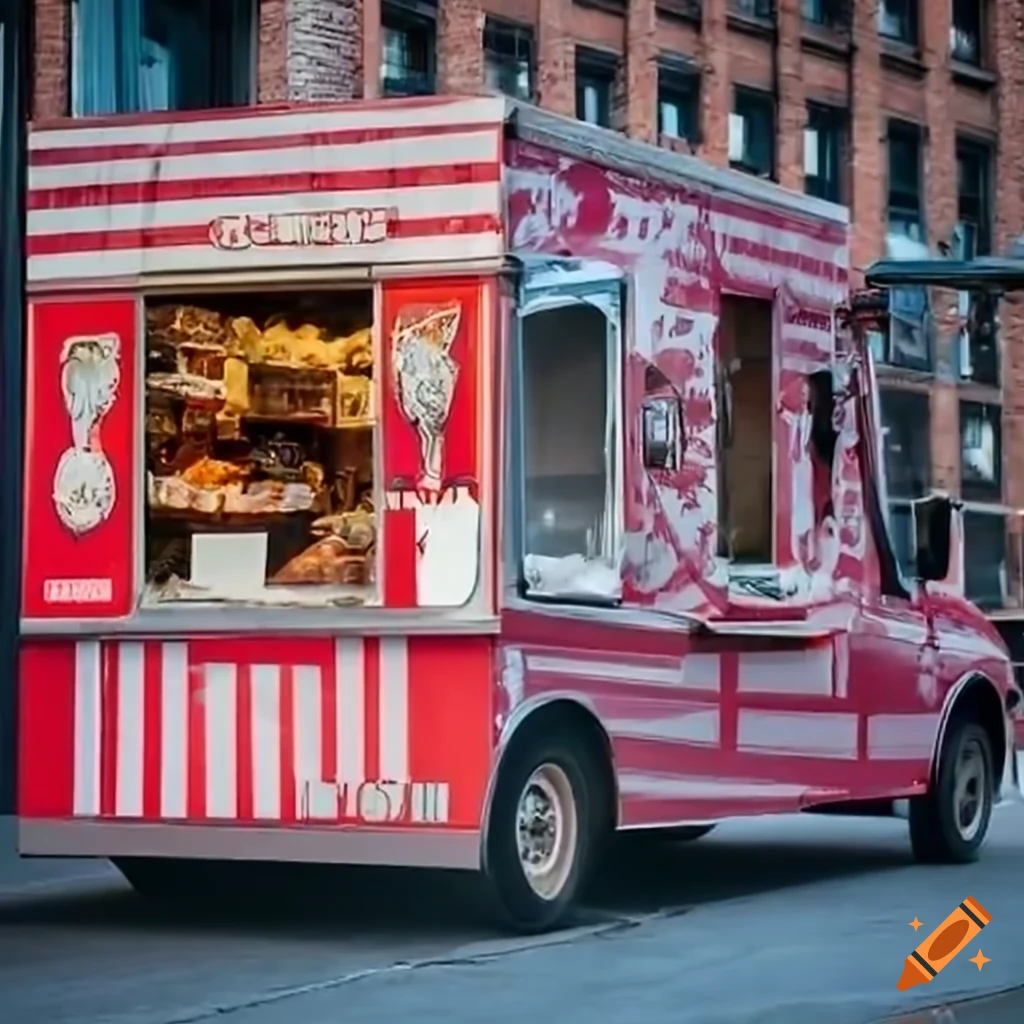 American deluxe food truck selling burgers and fries on city street