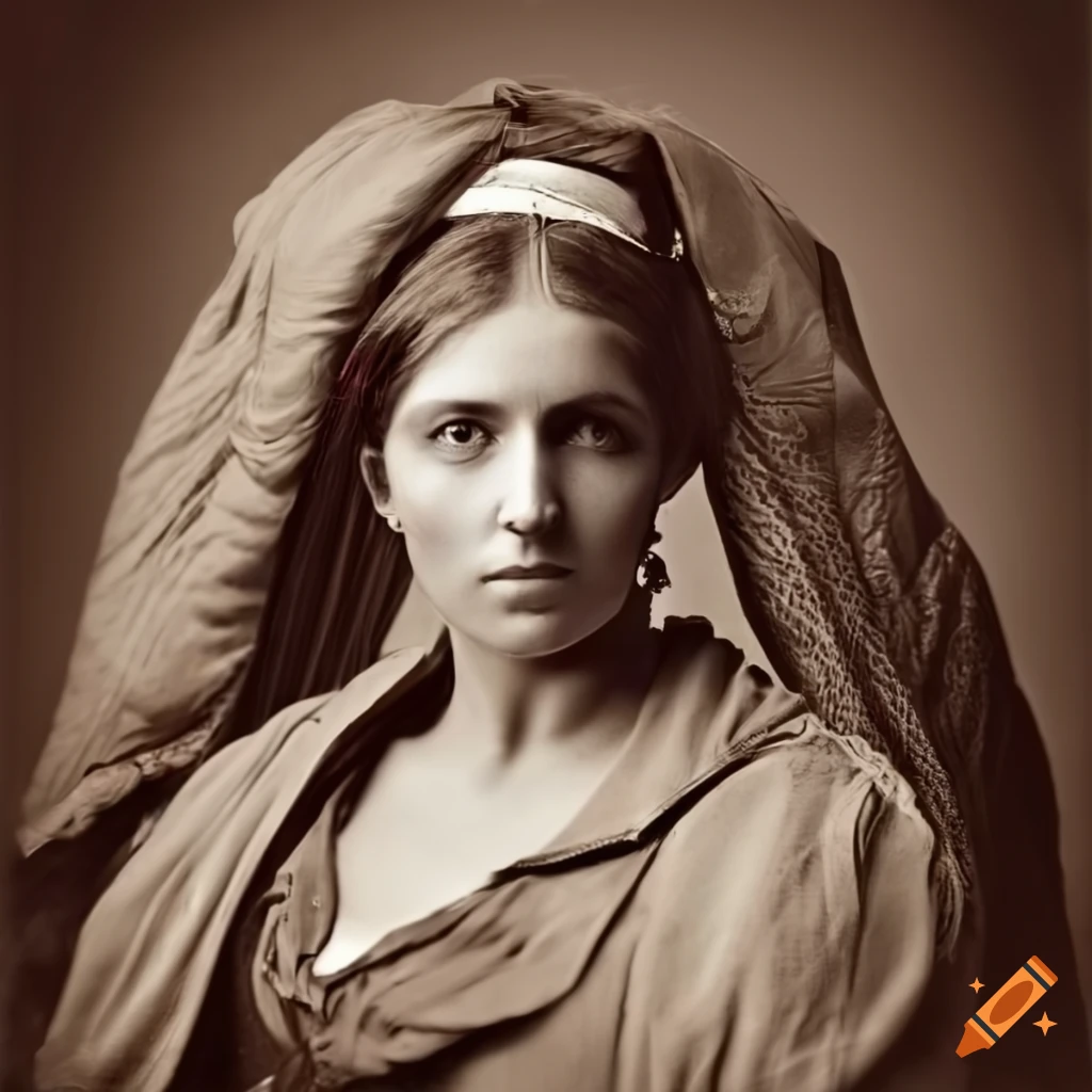 Sepia-toned portrait of an intense Italian mountain woman with various traits