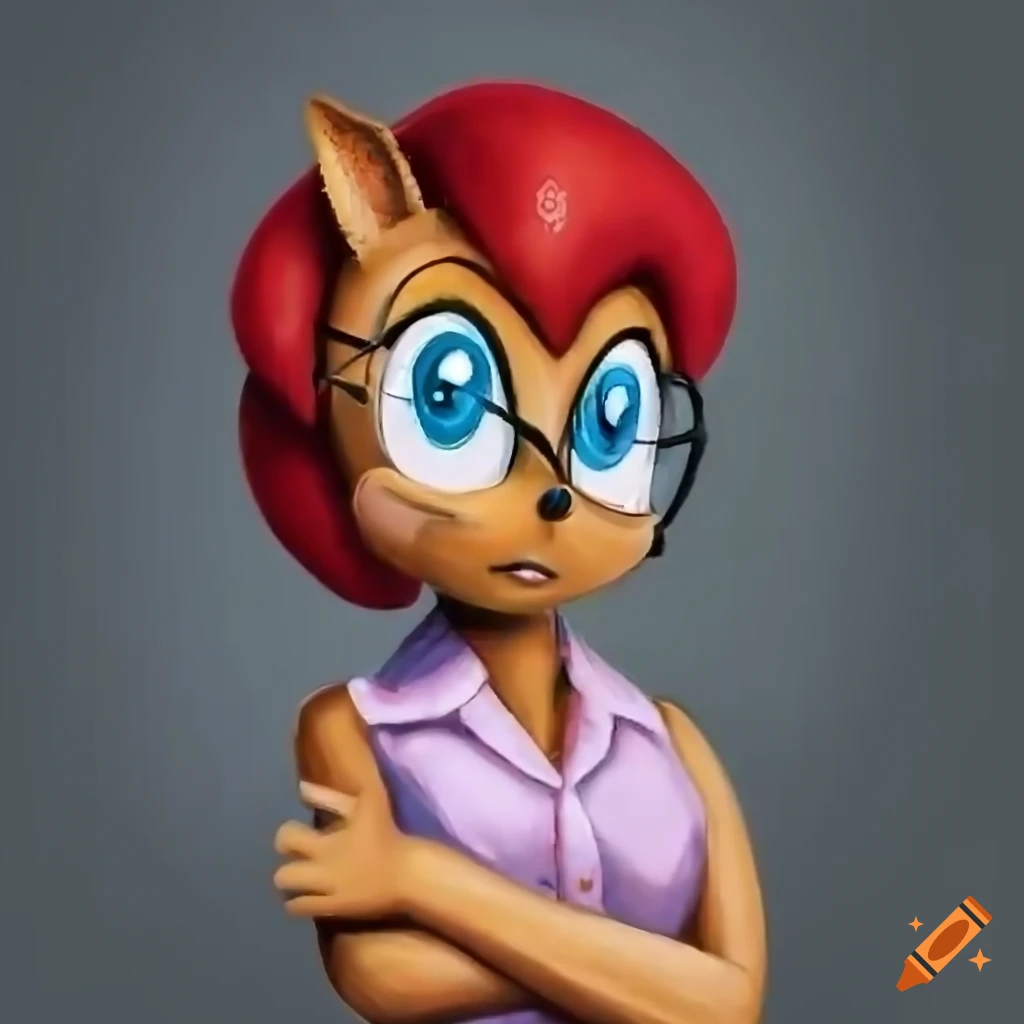 Sally acorn with black pixie cut hair, pink shirt, and glasses