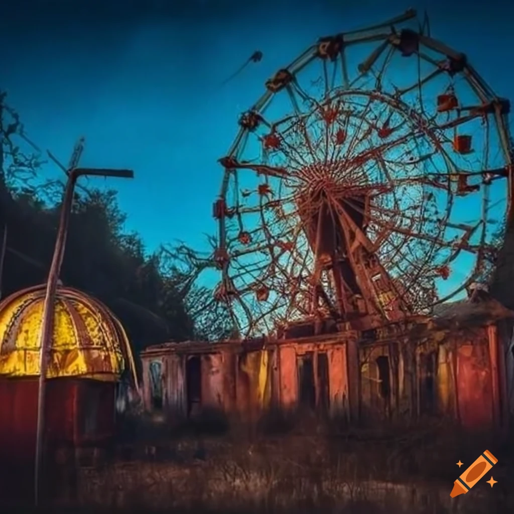Old abandoned amusement park with rusty rides at dusk