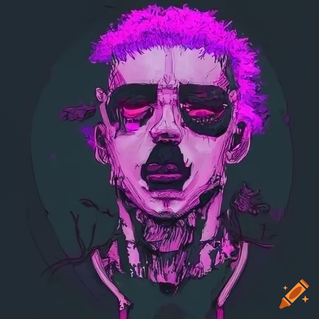 Cyberpunk man with glowing purple hair and black/pink mask in graphic art style