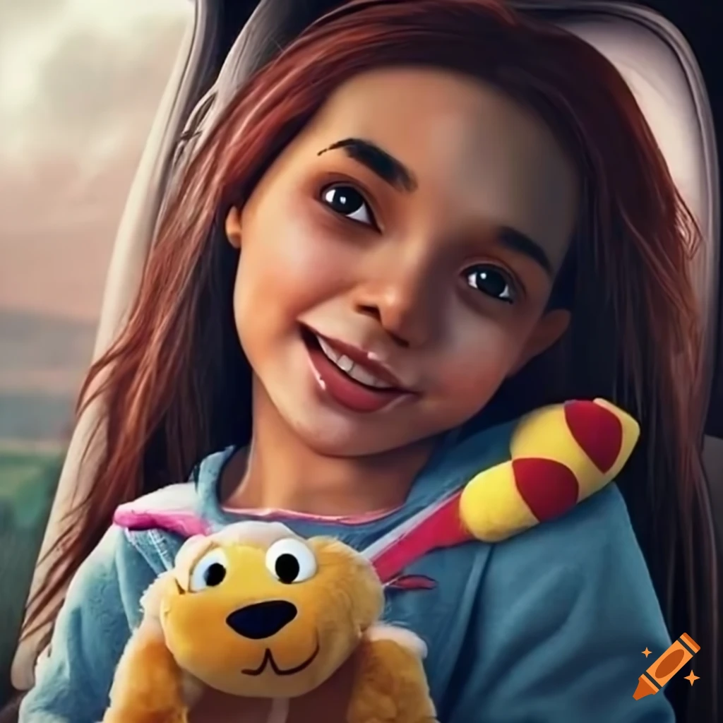 Realistic girl resembling dora the explorer in a car seat smiling on