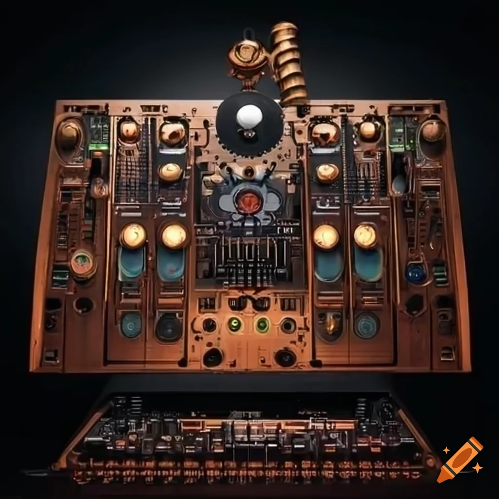 Intricately designed steampunk-inspired DJ mixer with gears, screens, and pipes