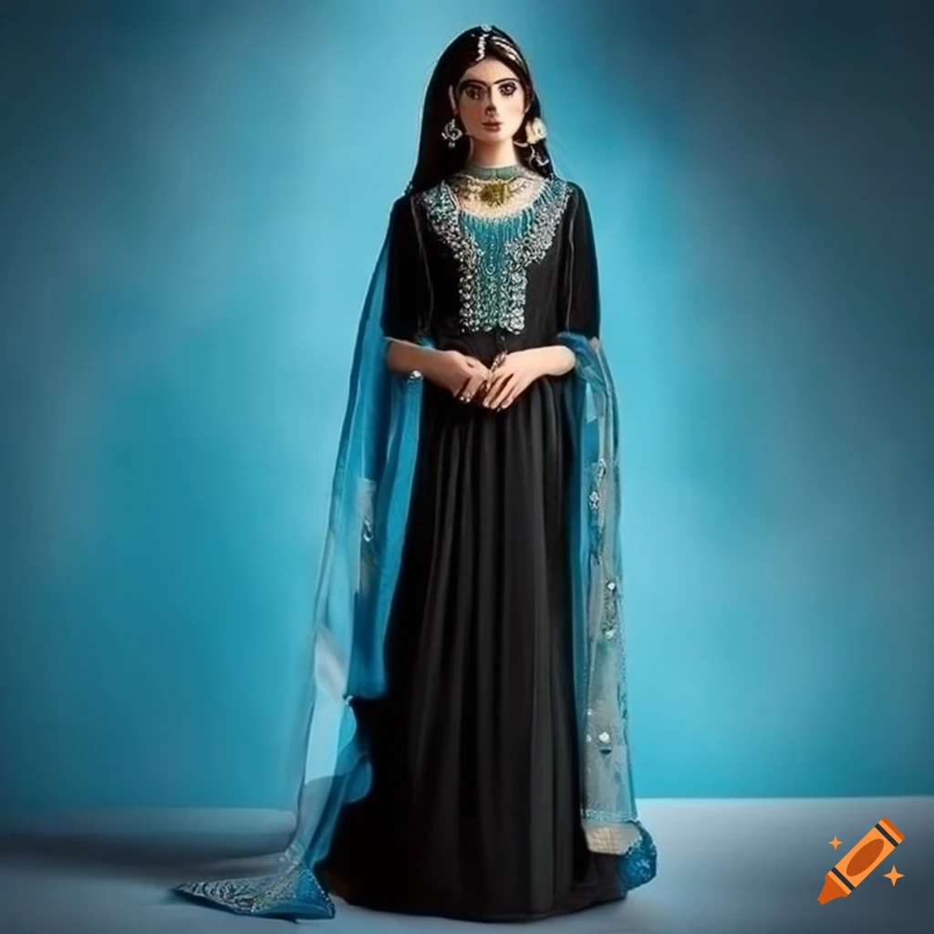 Elegant Pakistani outfit with black frock and sea blue embroidery