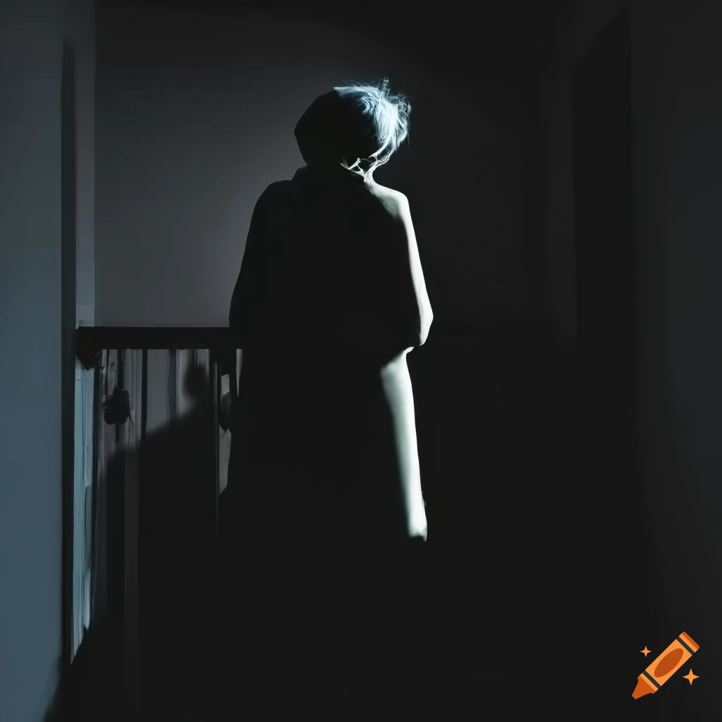 Silhouette of elderly woman at brightly lit doorway overlooking stairs to dark basement