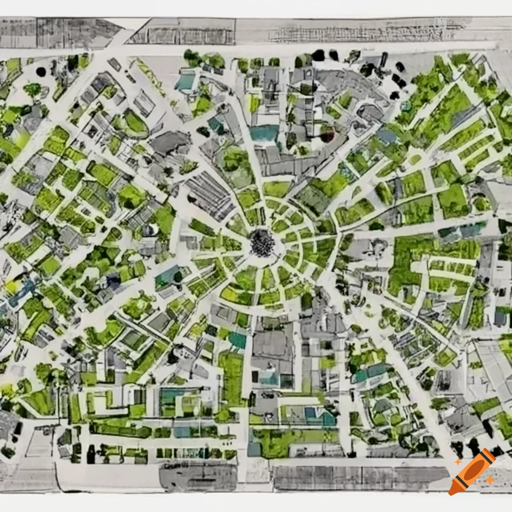 Urban design plan with residential, commercial, and public spaces