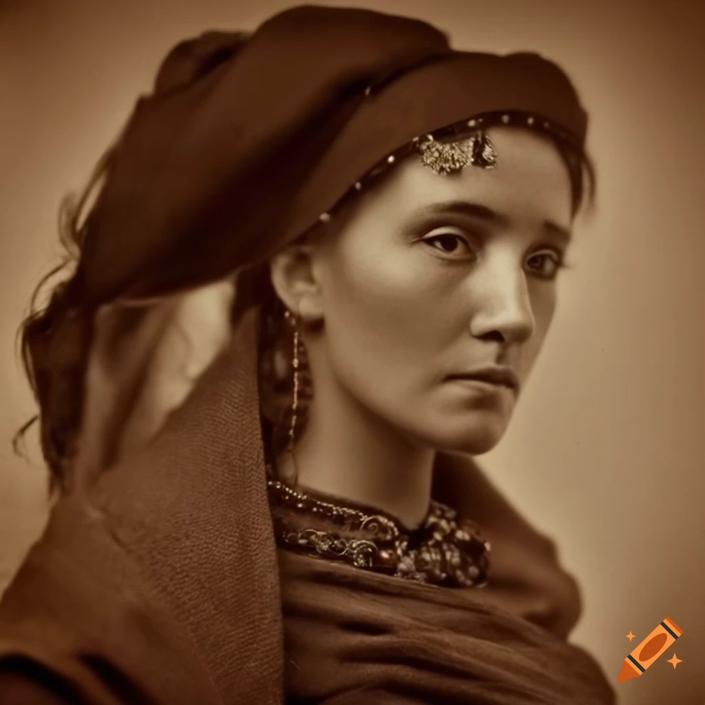 Sepia-toned photograph of a fierce mountain woman with various descriptions