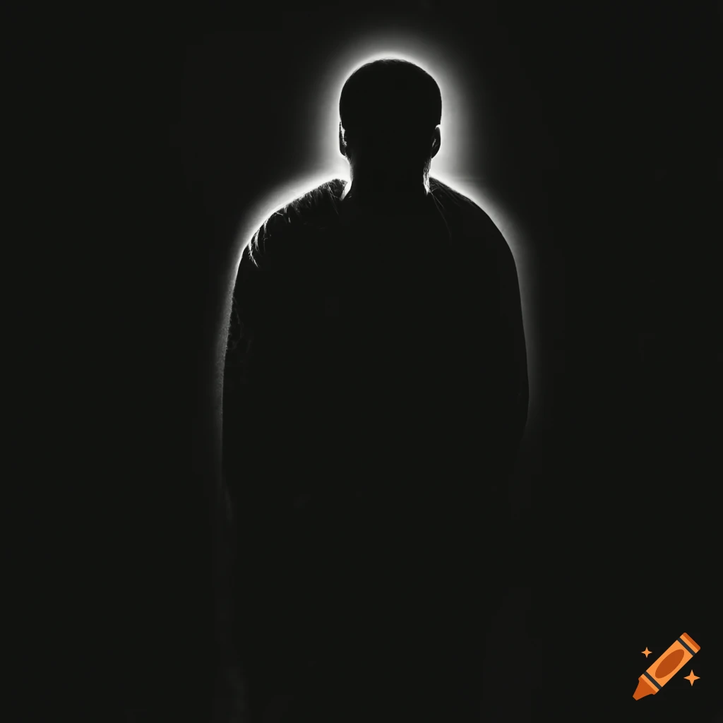Lonely young man surrounded by ominous shadows in a black and white setting