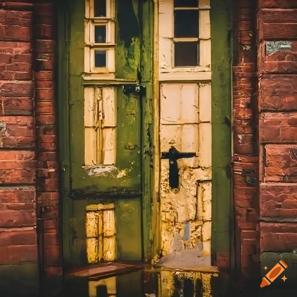Crumbling flooded door with abandoned buildings sinking into the ocean in a gold-orange fog