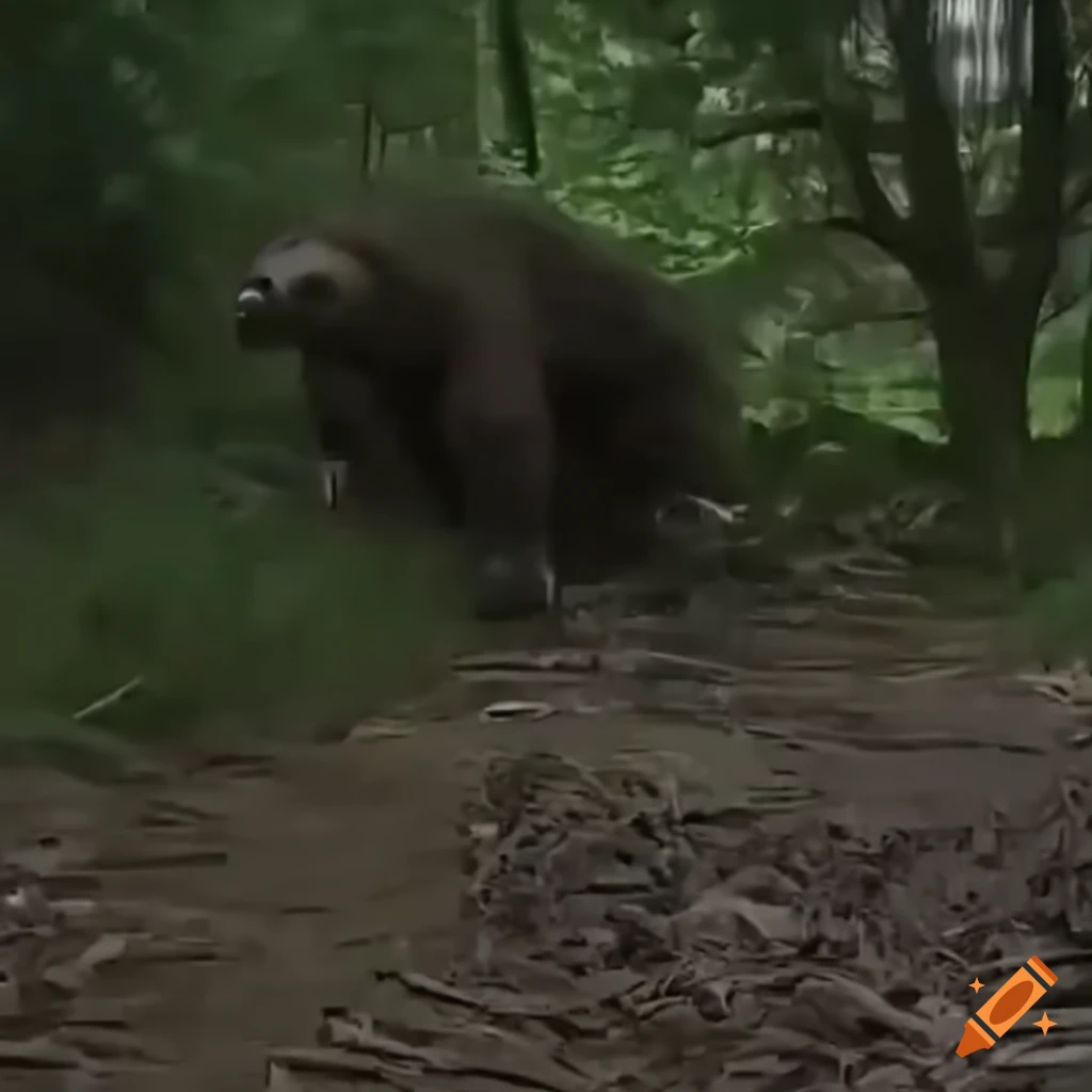 Megalonyx (giant ground sloth) captured in trail camera footage with motion blur