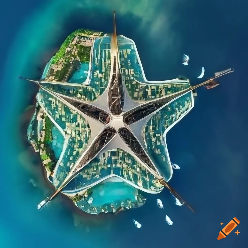 Aerial view of a futuristic star-shaped ecological city surrounded by ocean