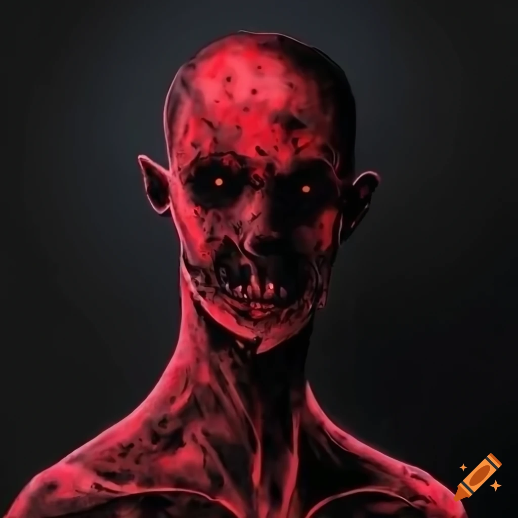 Ink art of tall, bony humanoid with black eyes and red nails walking