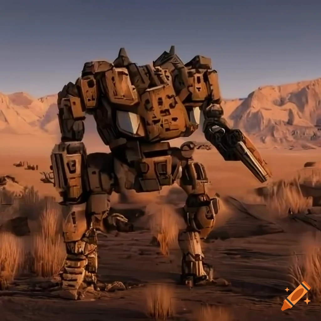 Futuristic desert camouflage mech in Basin and Range landscape