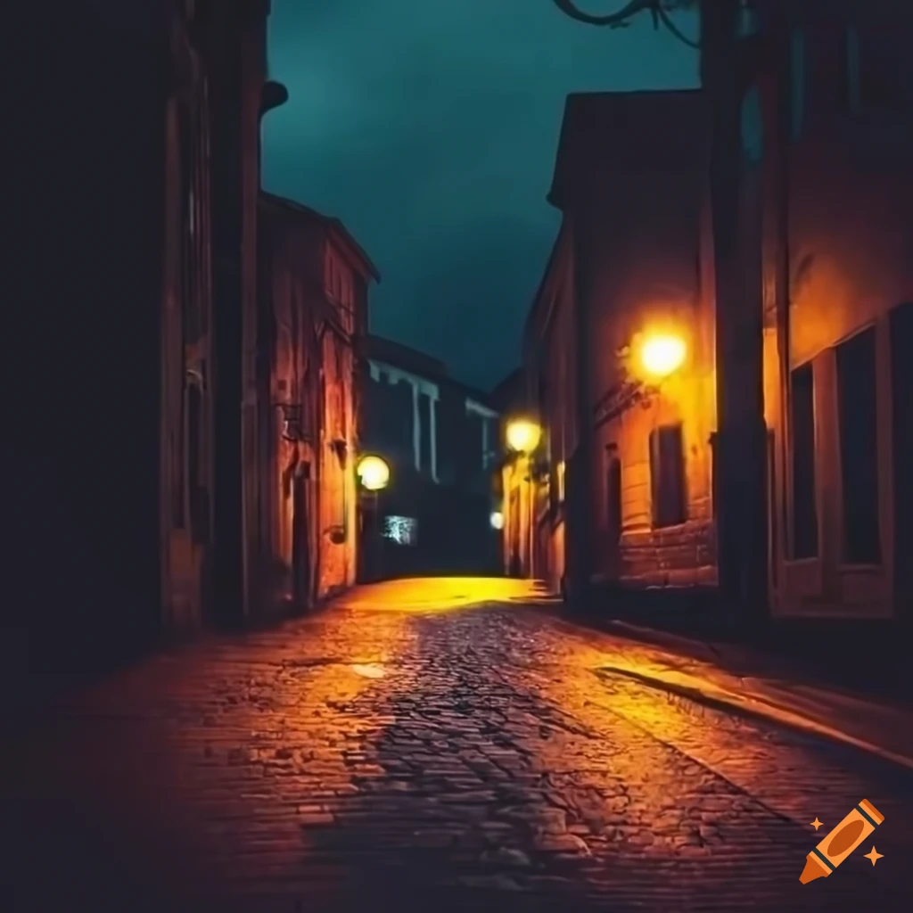 Dark street at night with a street lamp illuminating an old car