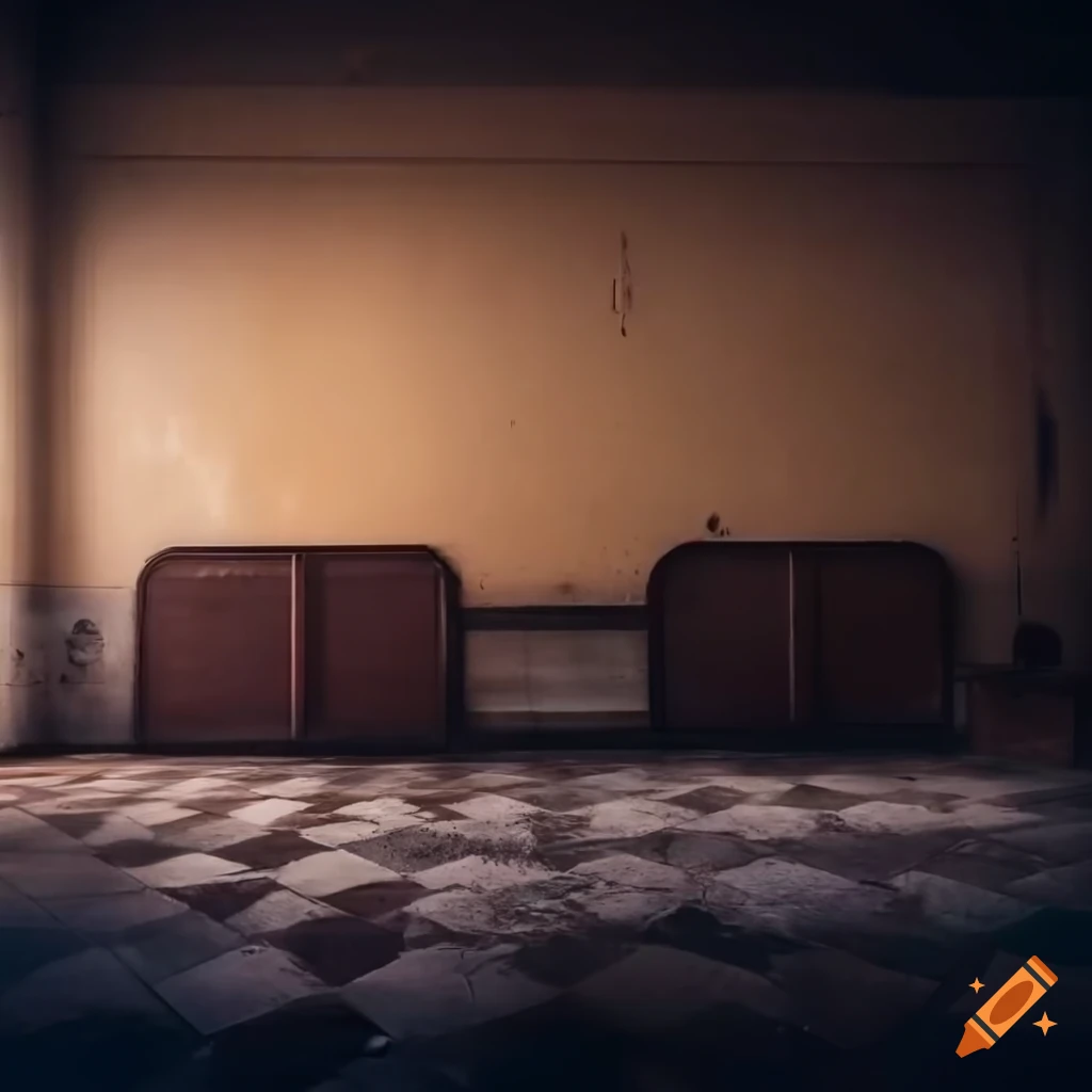 Foggy abandoned diner with dilapidated furniture and orange rays of light