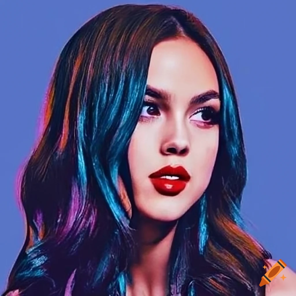 Young Olivia Rodrigo with 2000's style hair in pop art photography