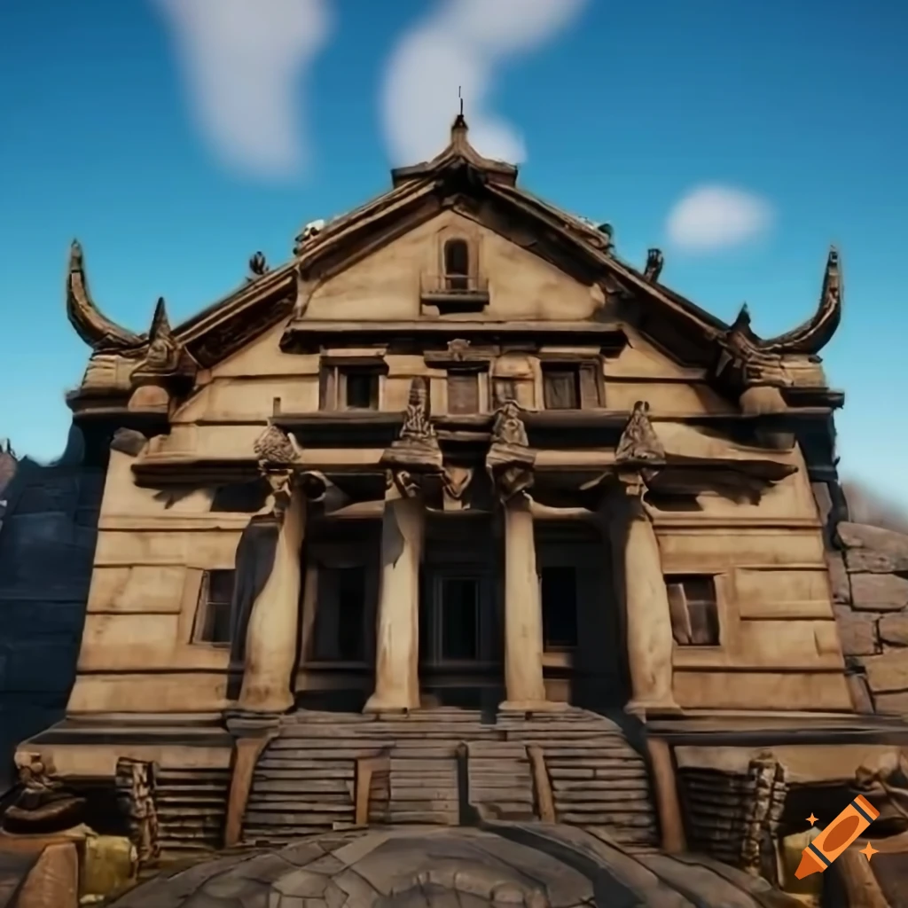 Etruscan-Hittite-Viking temple in red-golden-blue-white colors