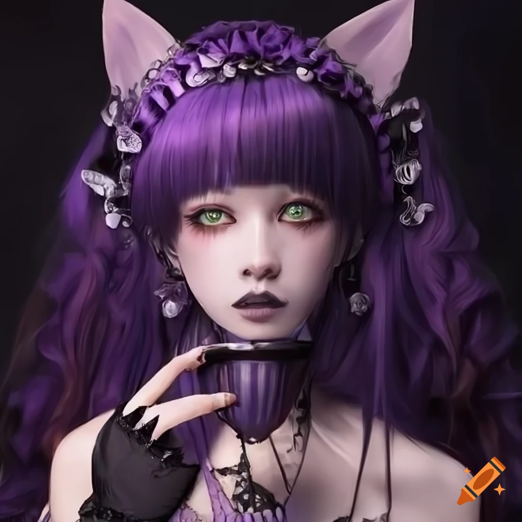 Kitsune-barghest hybrid in gothic lolita attire drinking tea