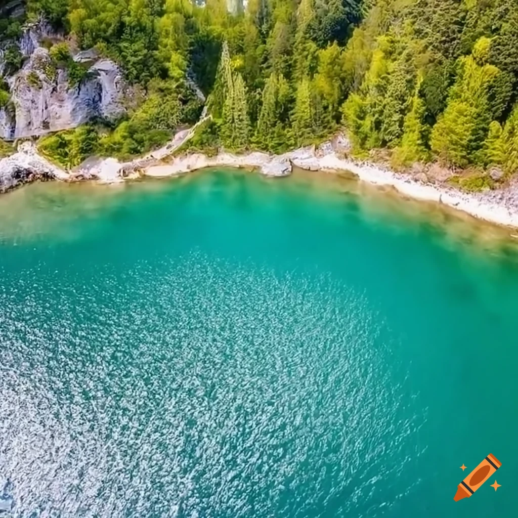 Drone view of a beautiful lake with crystal clear water, mountains, and ...