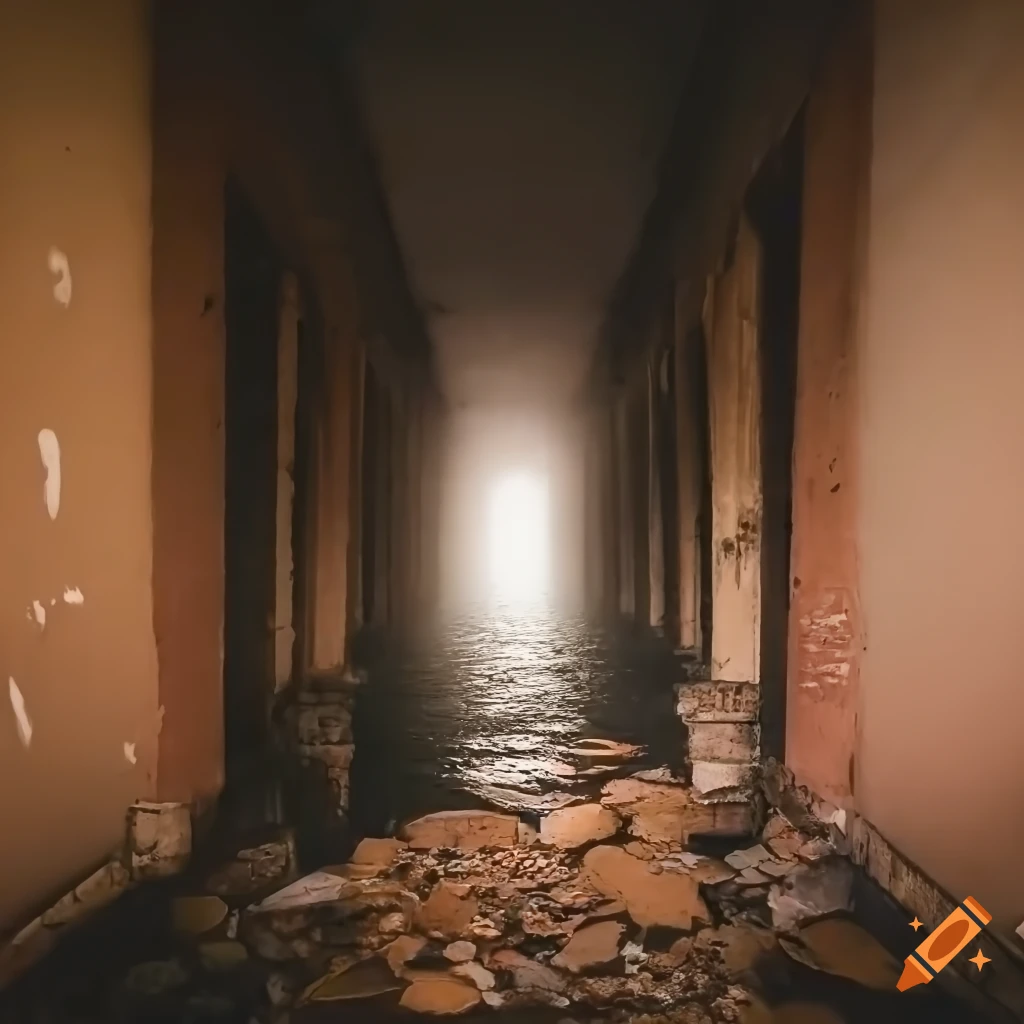 Close-up of flooded corridor with abandoned buildings sinking into ocean in dramatic lighting